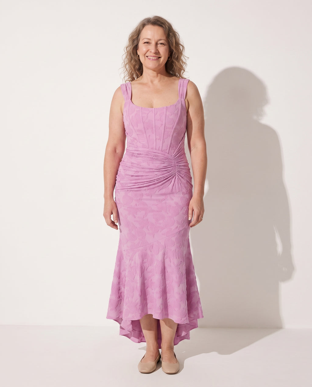 Ingrid | Ruched Square Neck Evening Maxi Dress — voorkant