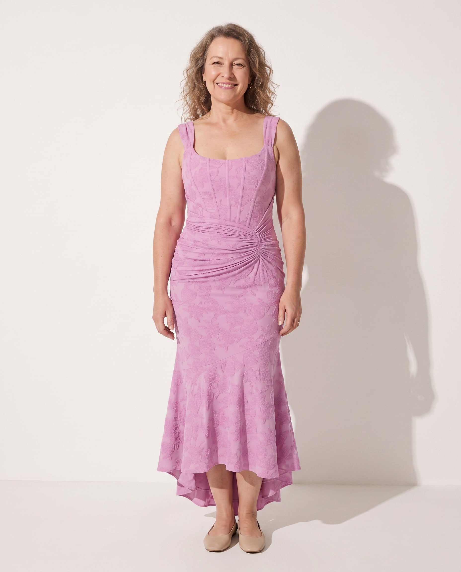 Ingrid | Ruched Square Neck Evening Maxi Dress — voorkant