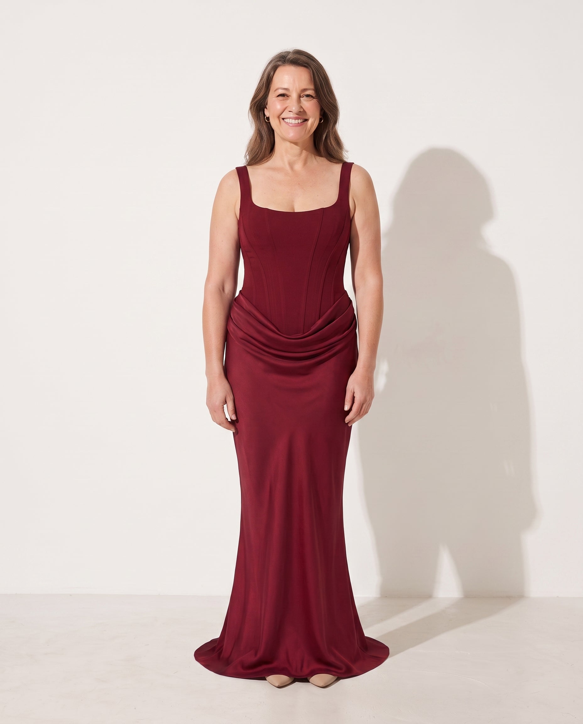 Violaine | Women Square Neck Lace Corset Maxi Wedding Guest Dress — voorkant