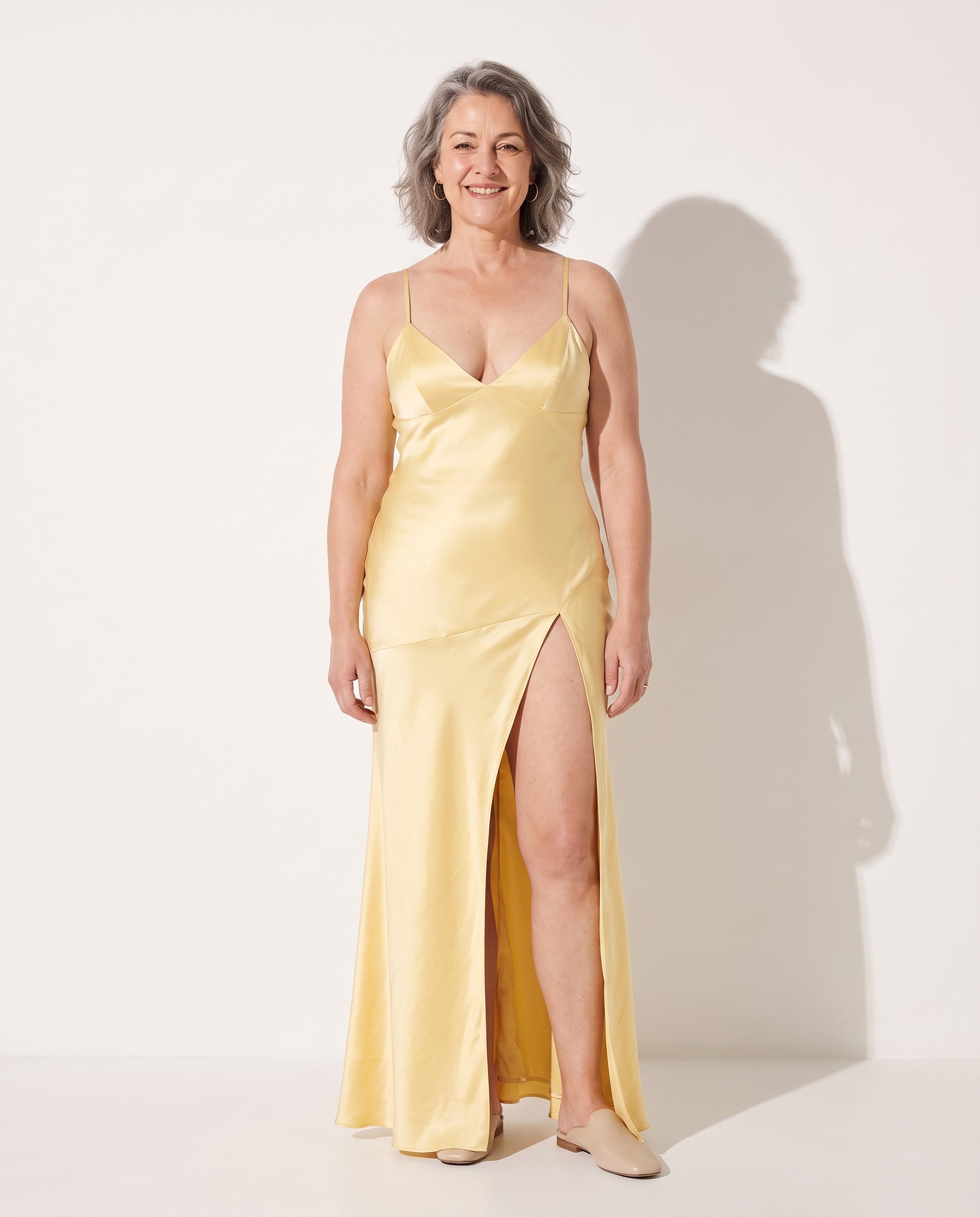 Henriette | Satin Side Split Wedding Guest Maxi Dresses — voorkant