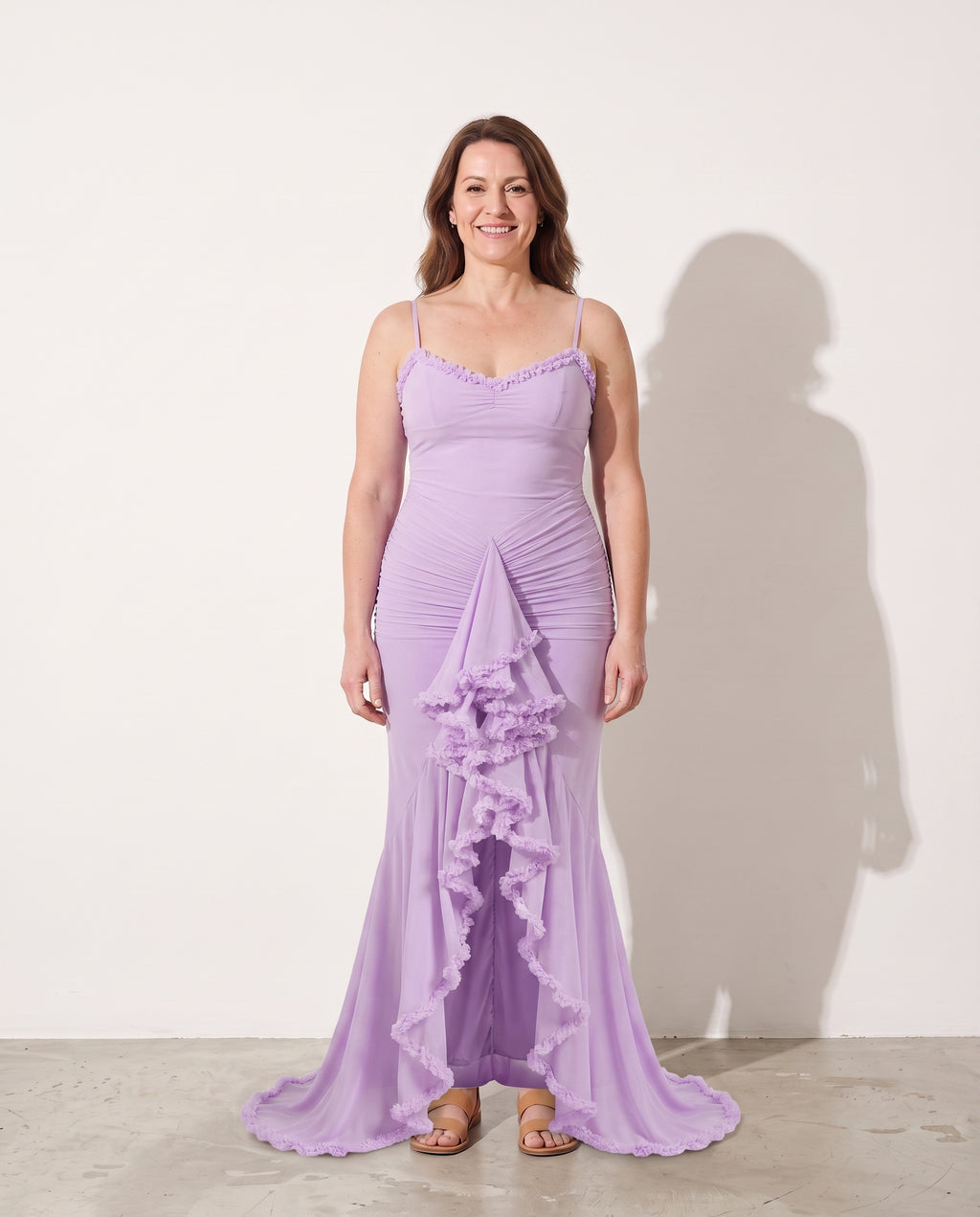 Apolline | Ruffle Split Evening Maxi Dresses with Spaghetti Strap — voorkant