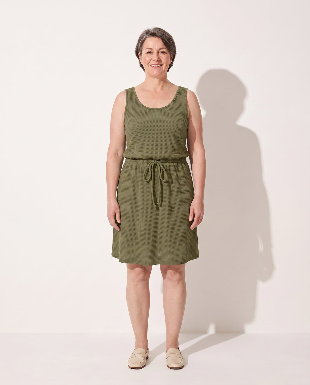 Anouk | Waffle Knit Drawstring Mini Tank Dress — voorkant