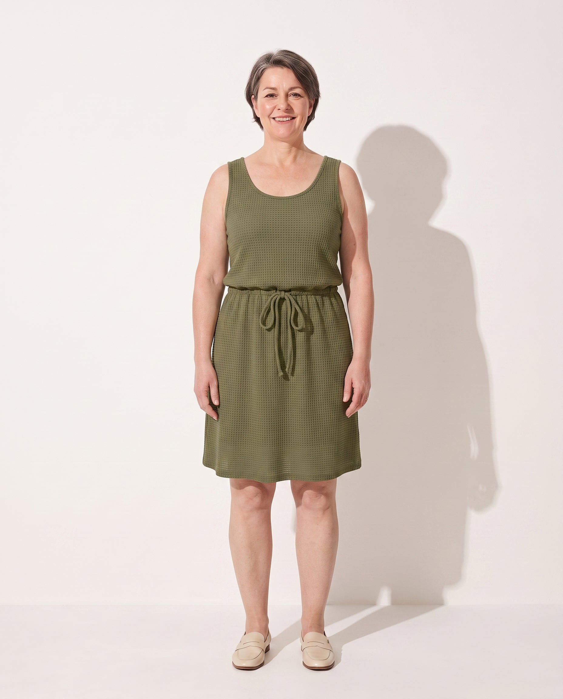 Anouk | Waffle Knit Drawstring Mini Tank Dress — voorkant