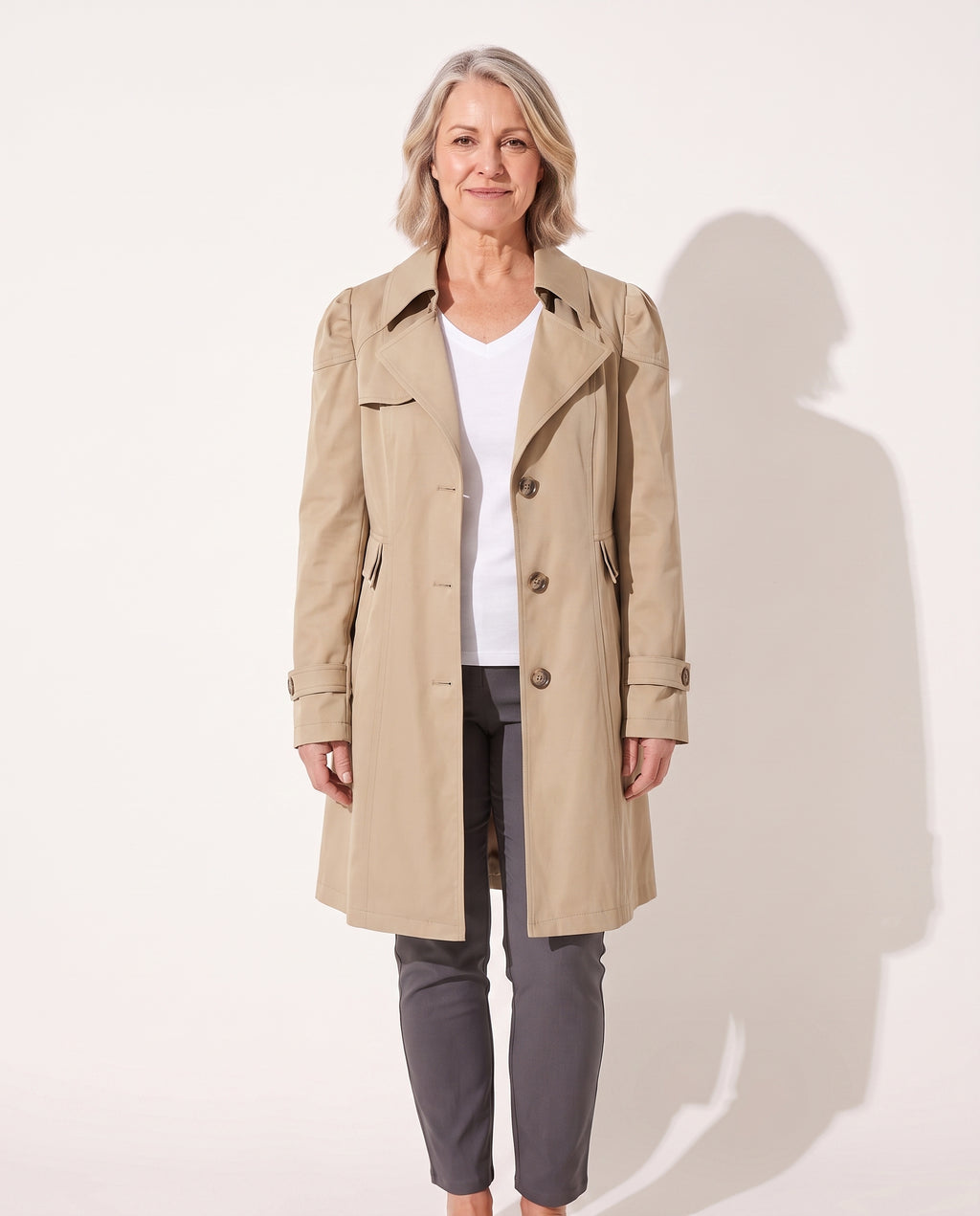 Mathilde | Fur Trim Single Breasted Classic White Brown Trench Coat — voorkant