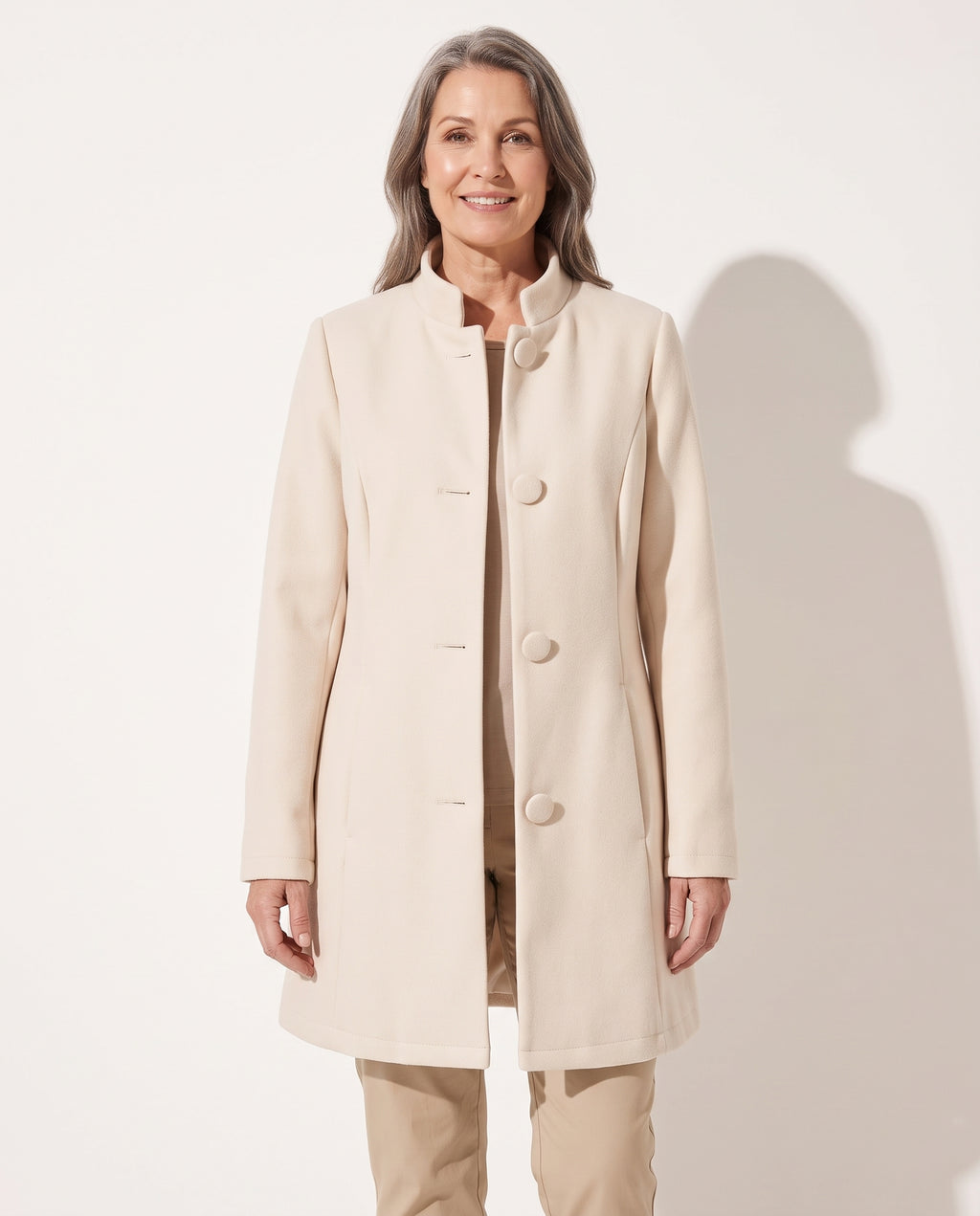 Iliana | Cream Pink Camel Brown Wool Coat Stand Collar — voorkant