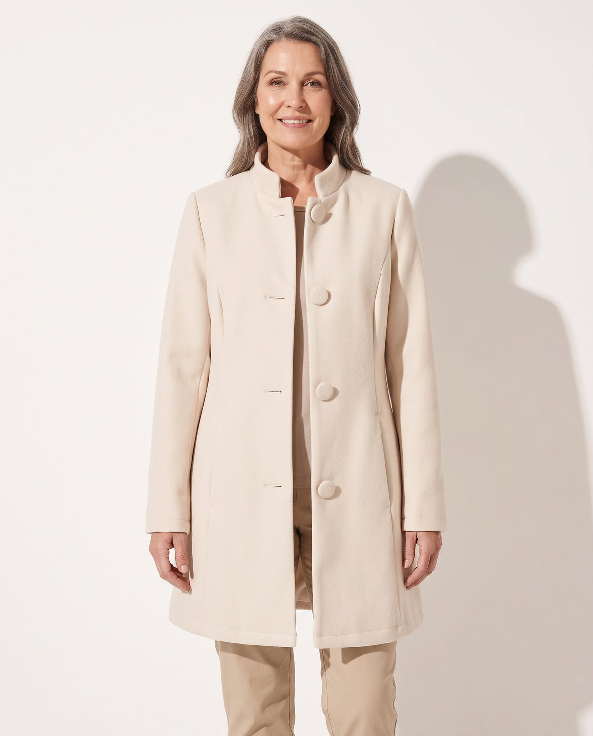 Iliana | Cream Pink Camel Brown Wool Coat Stand Collar — voorkant