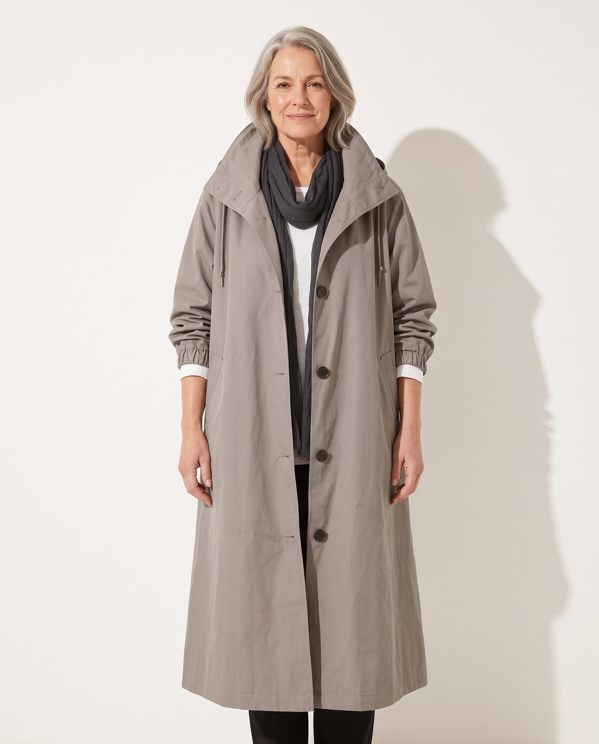Thalia | Waterproof Wool Blend Long Black Rain Trench Coat — voorkant