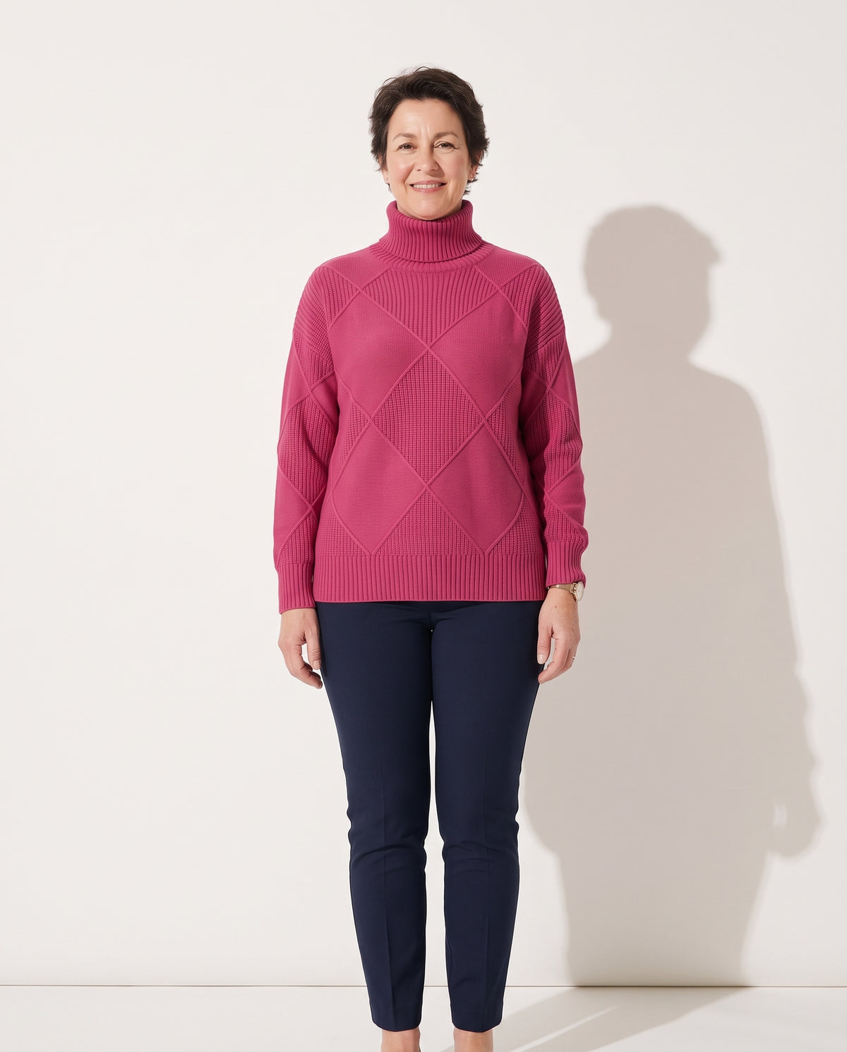 Romilly | Beige White Green Red Chunky Roll Neck Jumper — voorkant