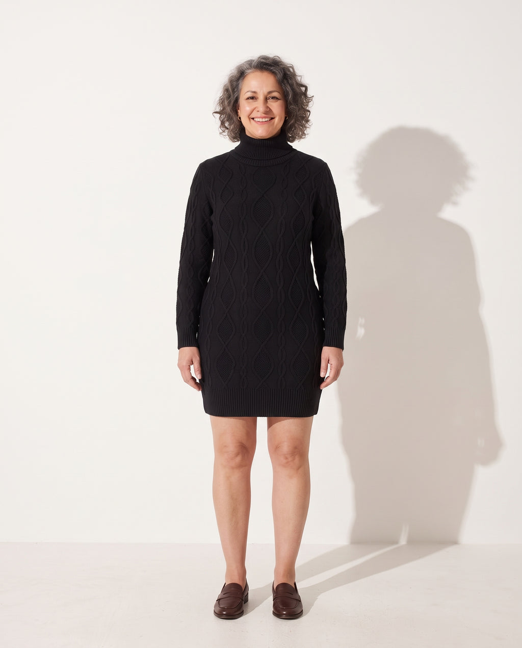 Evangeline | Cable Knit Roll Neck Long Sleeve Mini Jumper Dress — voorkant