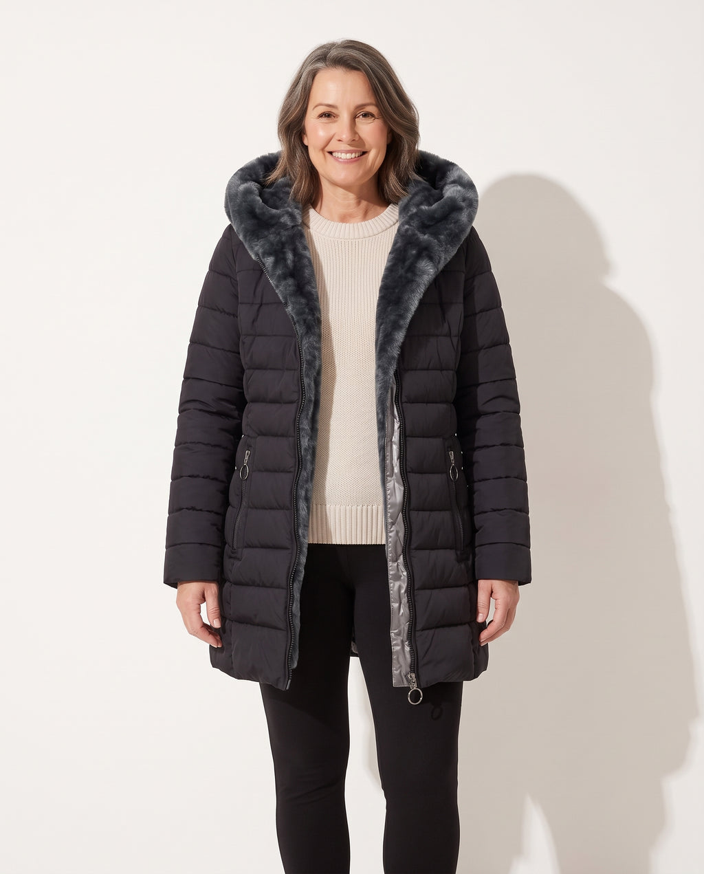 Isolde | Pink Black Faux Fur Hood Winter Parka Coats — voorkant