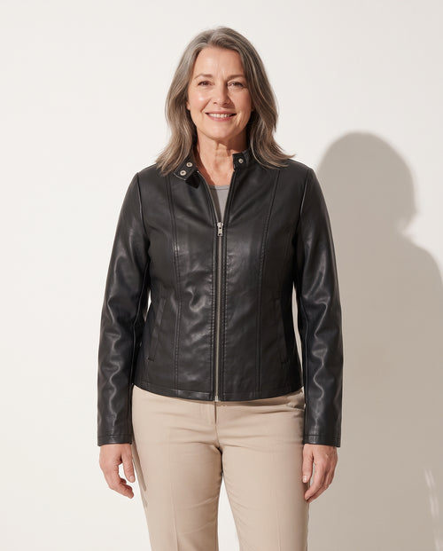 Aurelia | Faux Leather Biker Jacket Black Casual Layering — voorkant