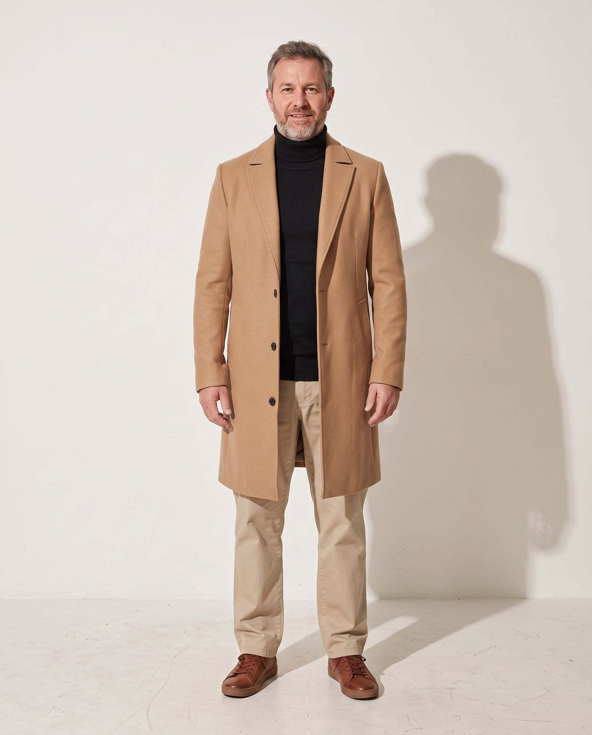 Peregrine | Black Camel Brown Pink Wool Coat Longline Tailored — voorkant