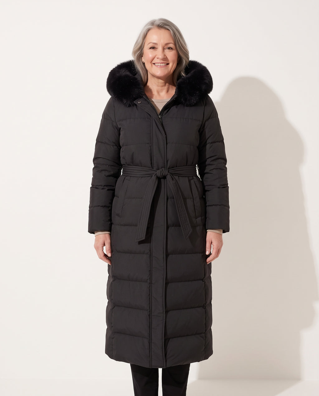 Rosalind | Long Black Puffer Coat With Faux Fur Hood & Belt — voorkant