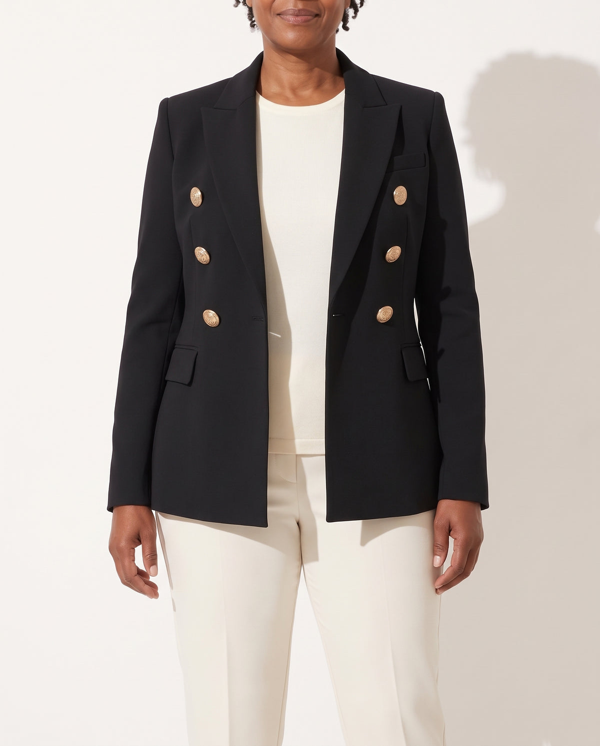 Mathilde | Velvet Sequin Double Breasted Blazer Coat Black Pink Gold Buttons — voorkant