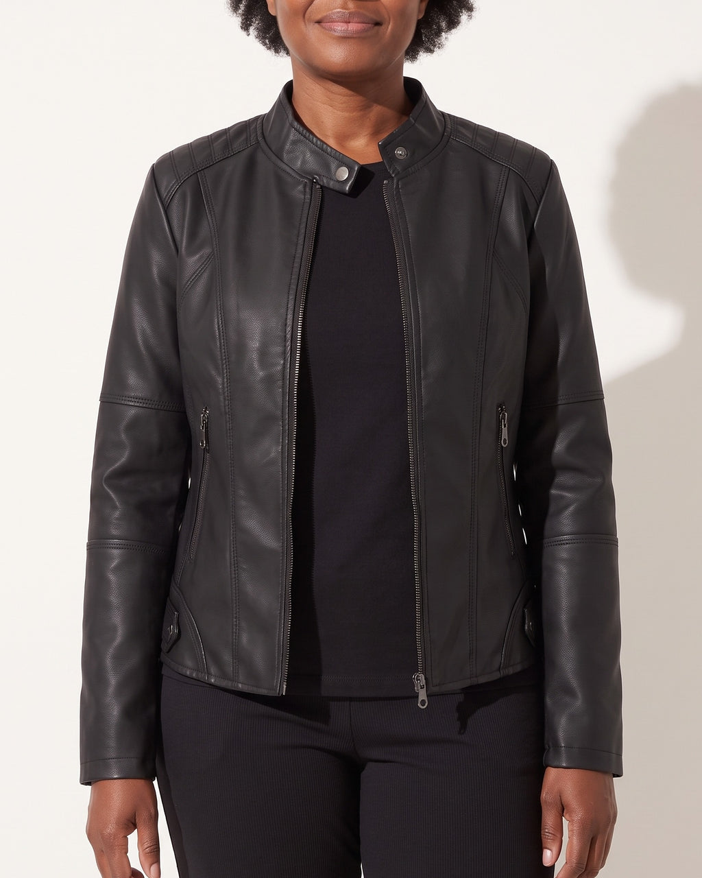 Clemence | Faux Leather Biker Jacket Fur Collar Motorcycle — voorkant