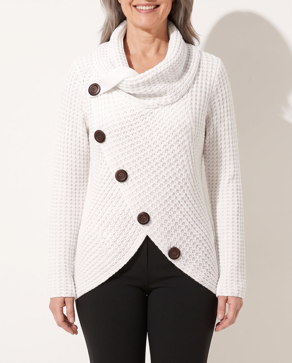 Seraphina | Black White Cashmere V Neck Roll Cowl Knit Jumpers — voorkant
