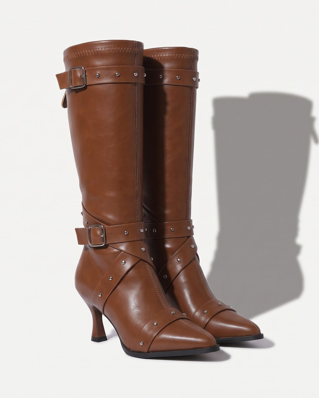 Seraphina | Black Leather Block Heel Knee High Boots — voorkant