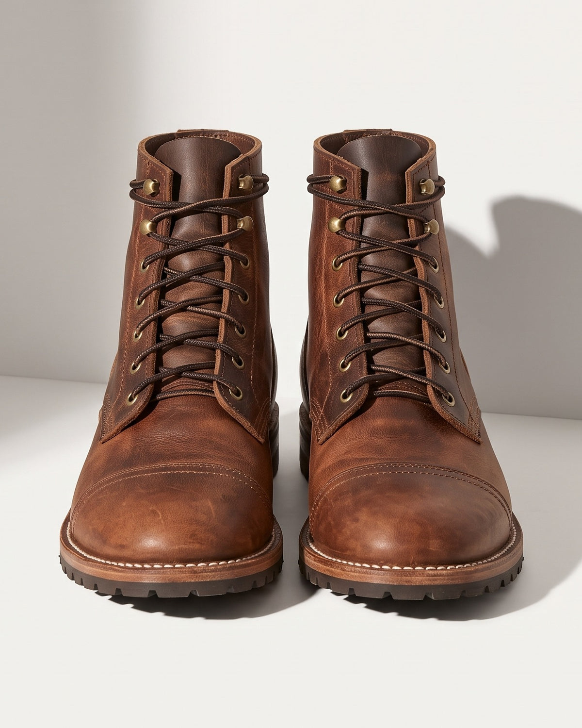 Hermione | Flat Lace Up Brown Black Leather Ankle Boots — voorkant