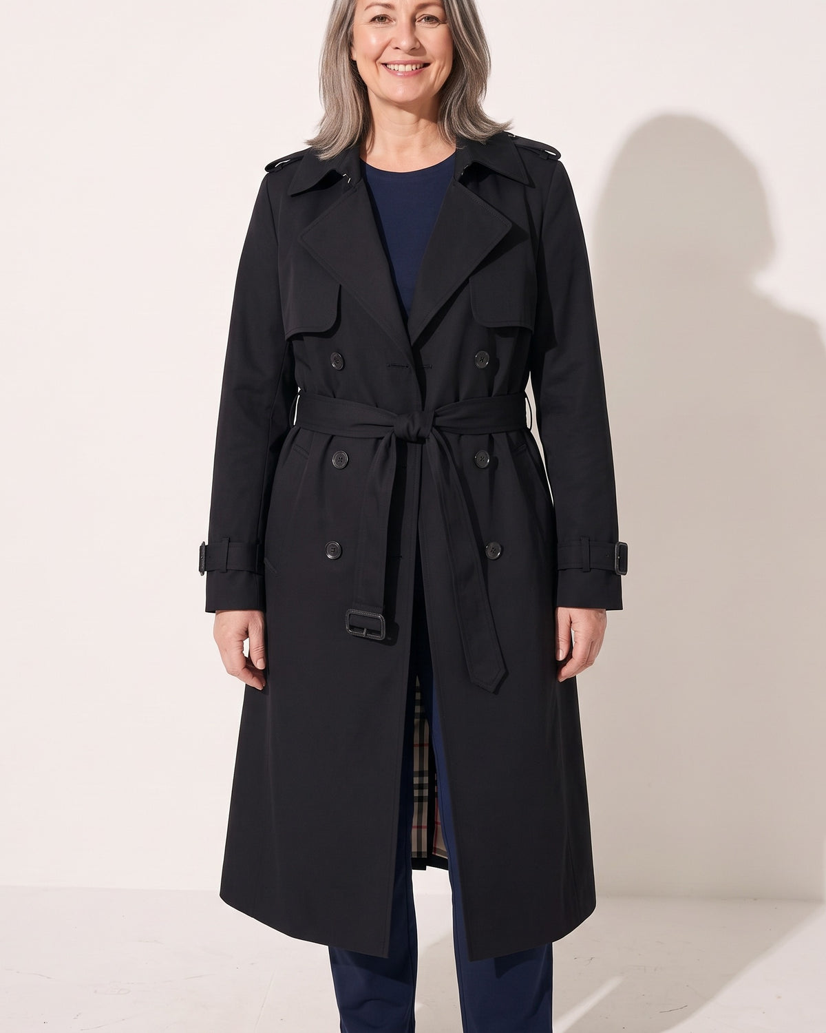 Katarina | Double Breasted Belted Long Black Wool Trench Coat — voorkant