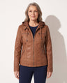 Nadia | Biker Moto Hooded Jacket Black Tan Leather