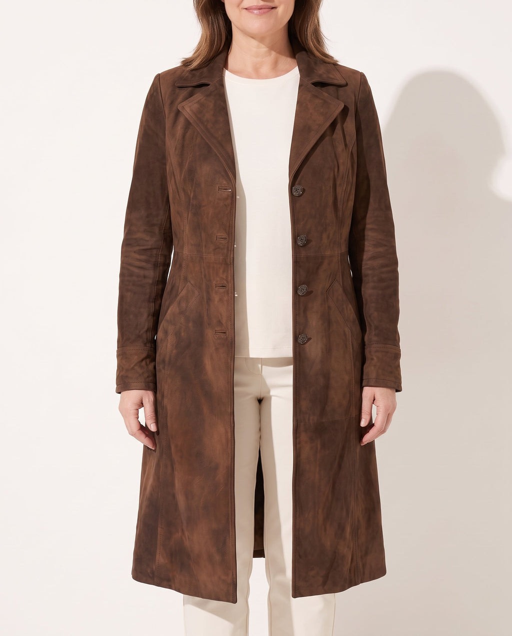 Evangeline | Black Wool Trench Coat in Suede Leather Finish — voorkant