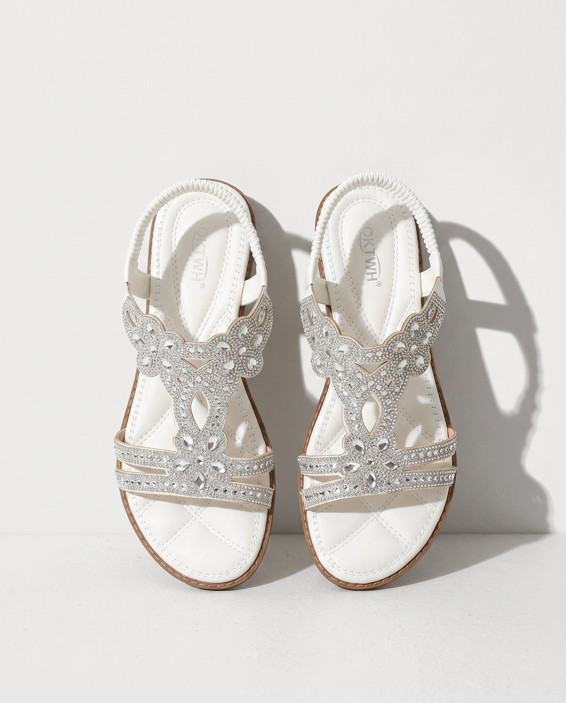 Coralie | Boho Embellished Flat Wedding Shoes – Jewelled Sandals — White