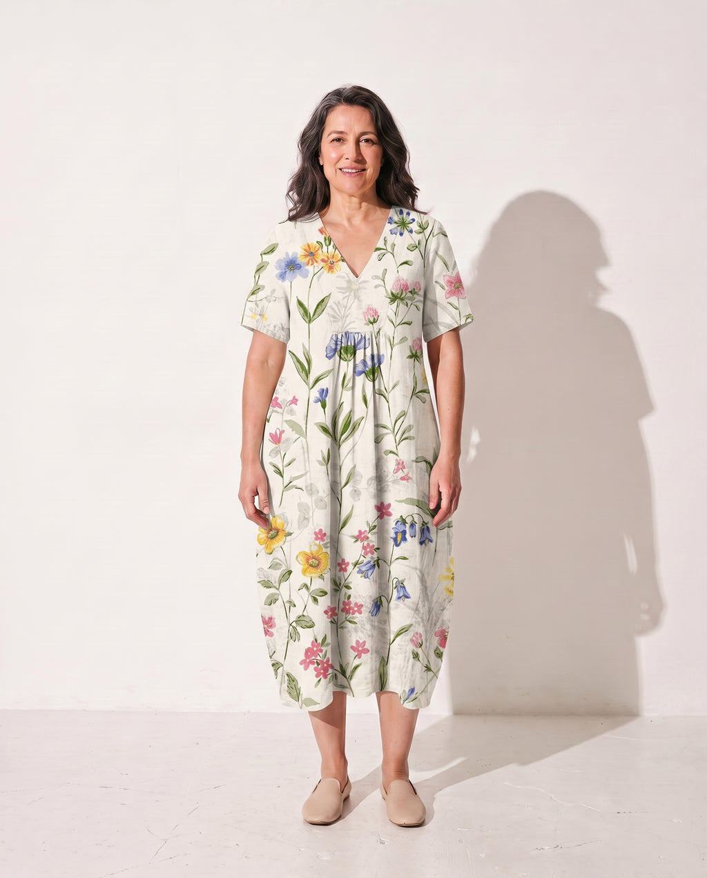 Camille | Long Sleeve Floral Midi Dress For Summer Days — White