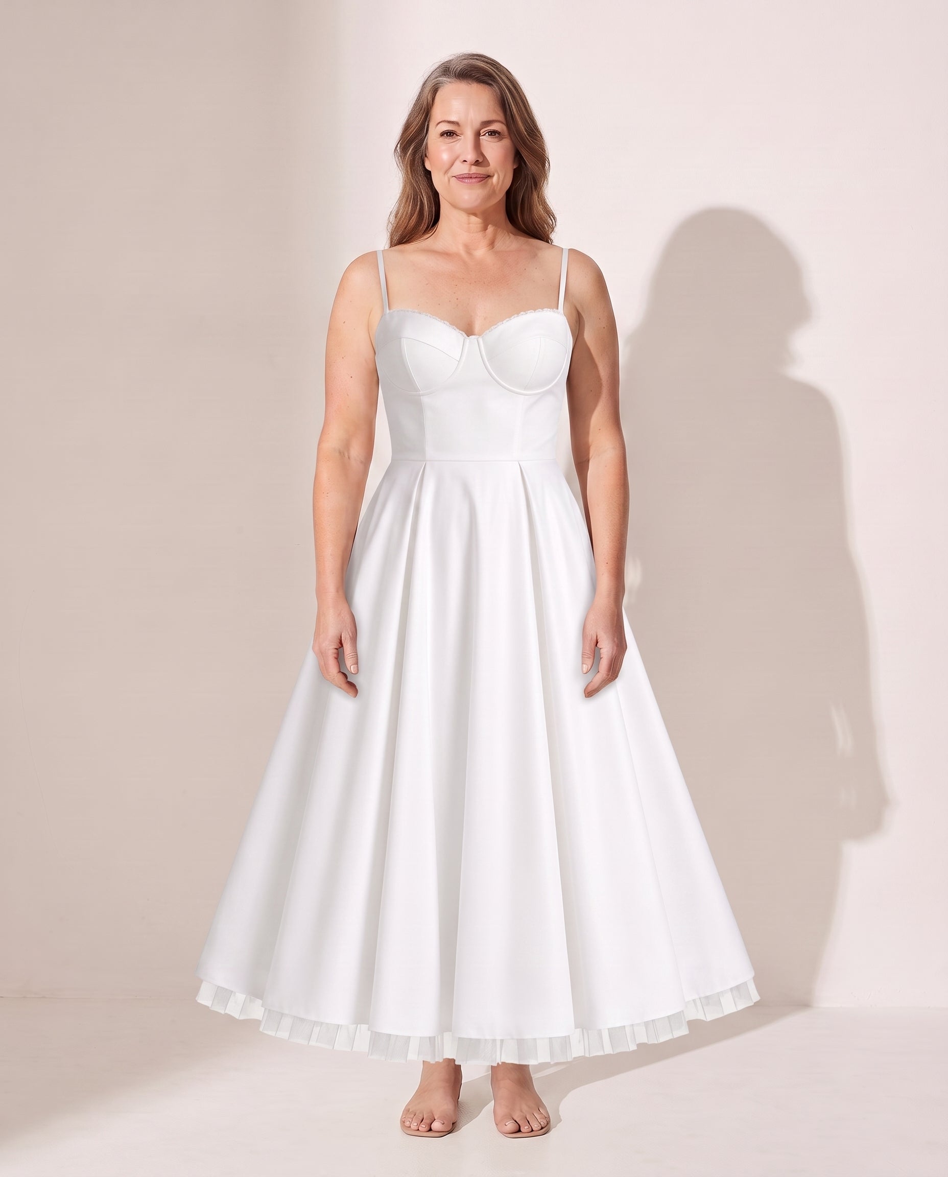 Oriane | Formal Corset Midi Dress with Full Skirt — White