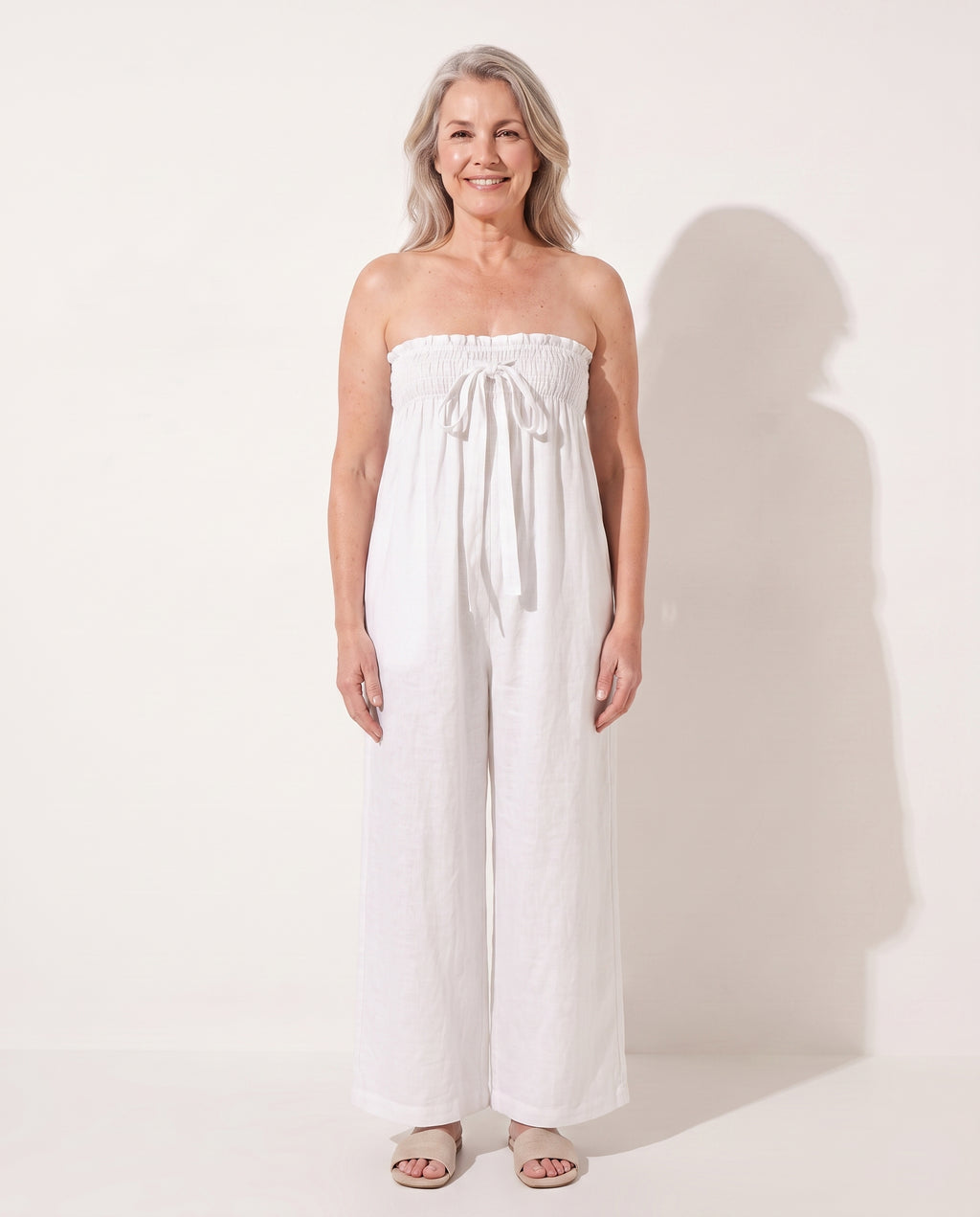 Verena | Strapless Wide Leg Linen Bandeau Jumpsuit — White