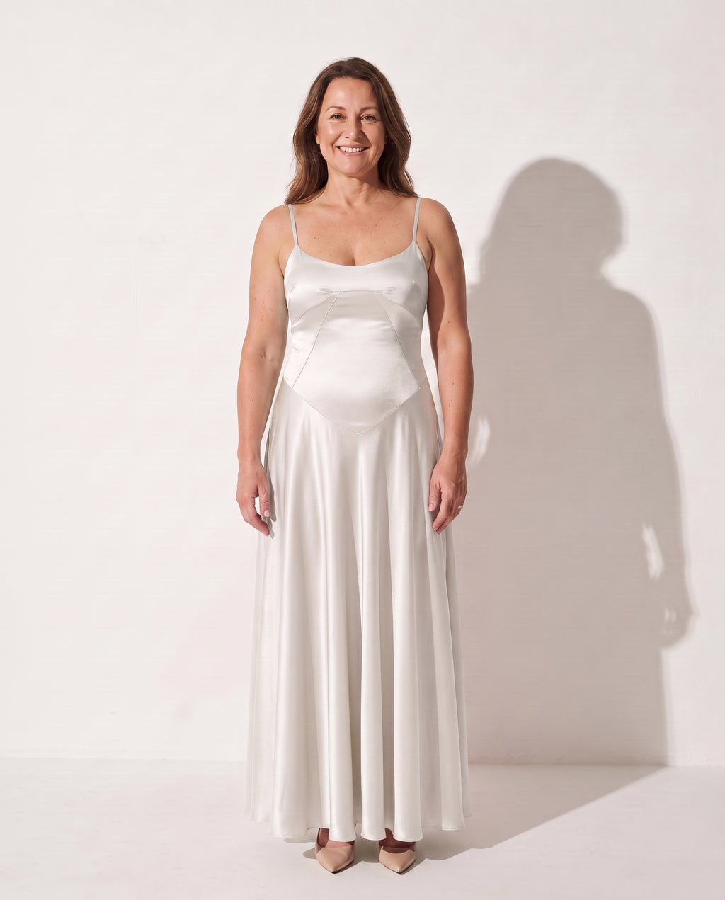 Camille | Long Sleeve Satin Wedding Guest Maxi Dress — White