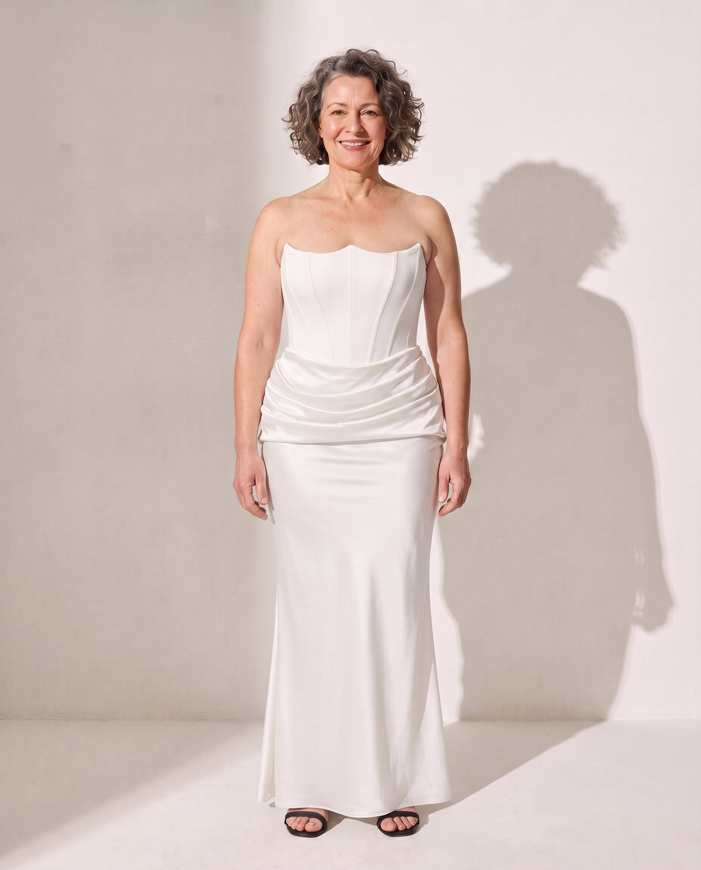 Ursula | Brown Satin Strapless Bodice Maxi Evening Dress — White