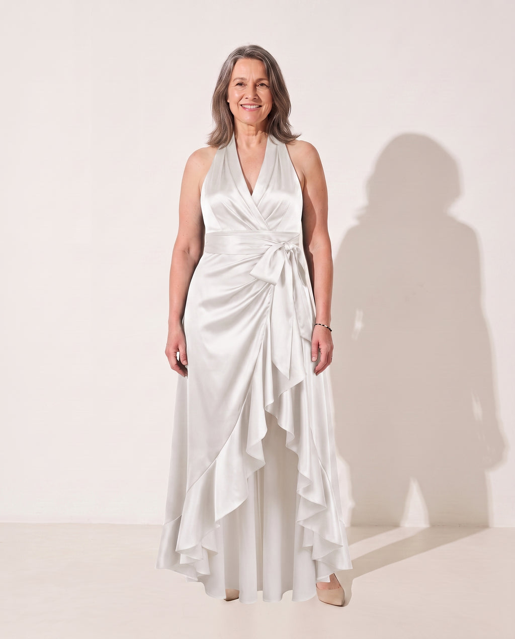 Cosima | Evening Maxi Dresses Halter Neck Satin Ruffle Hem — White