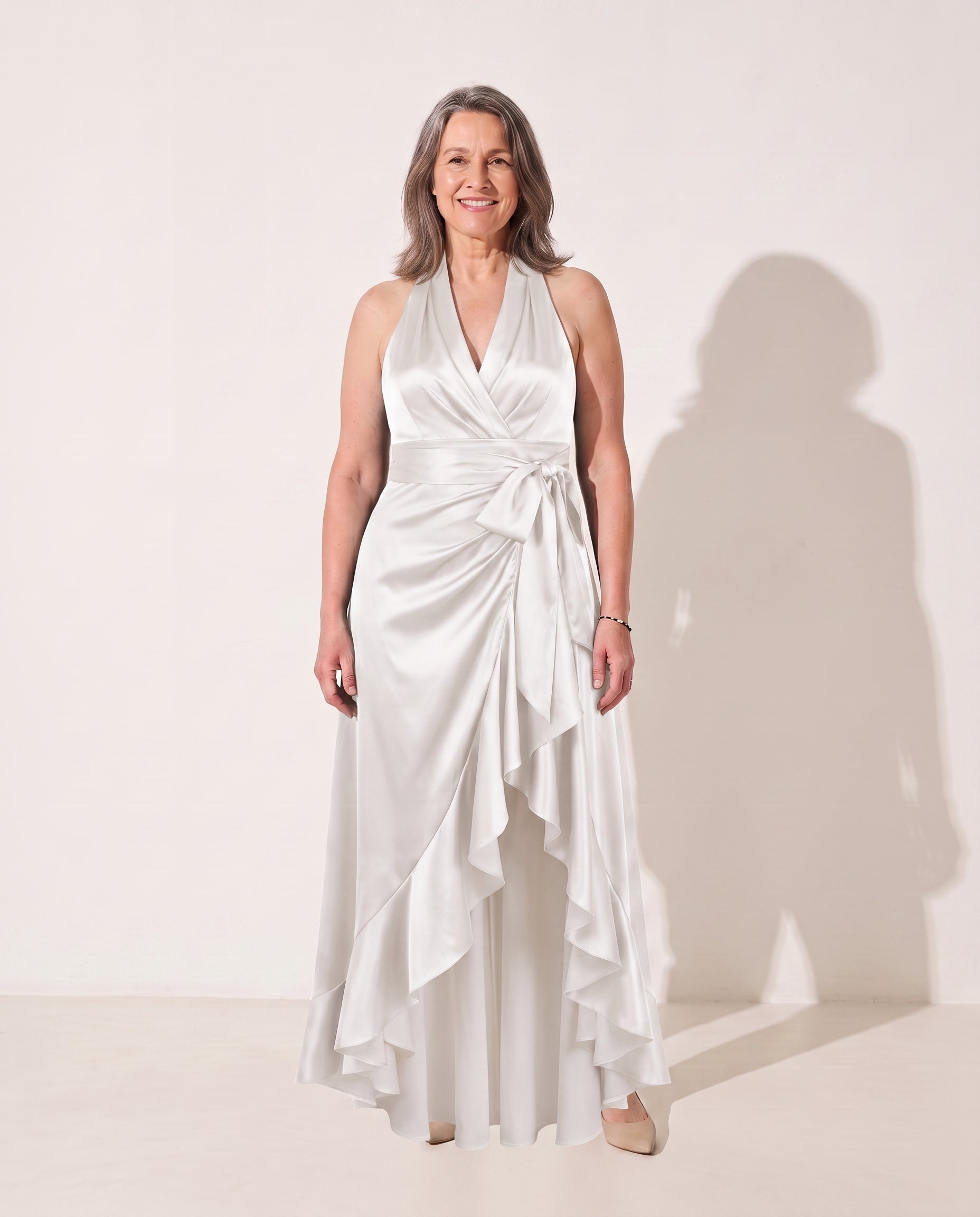 Cosima | Evening Maxi Dresses Halter Neck Satin Ruffle Hem — White