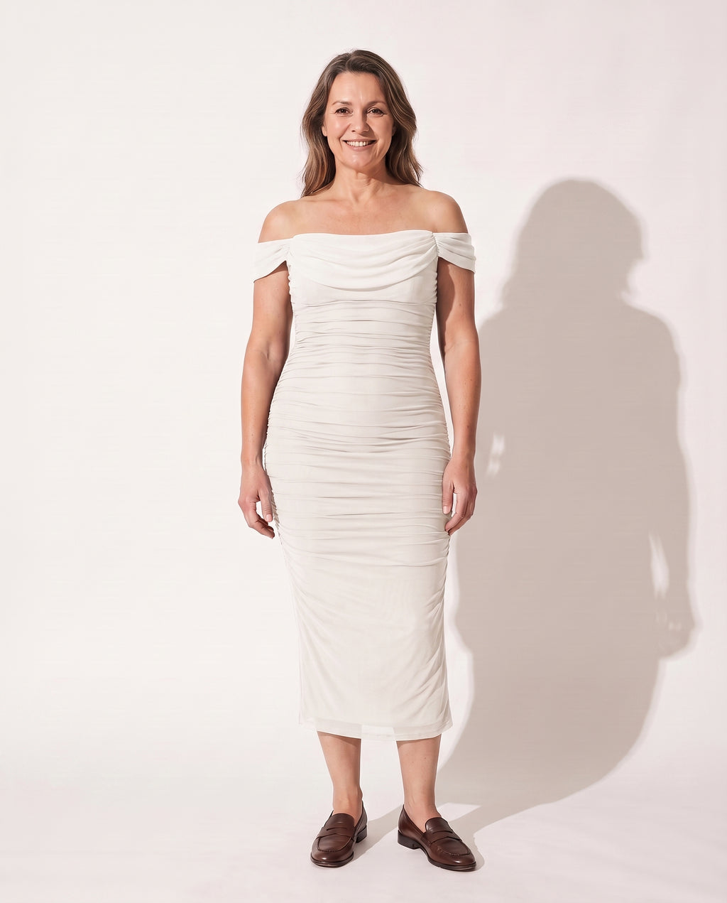 Violaine | Long Sleeve Wedding Guest Dresses Ruched Maxi Gown — White