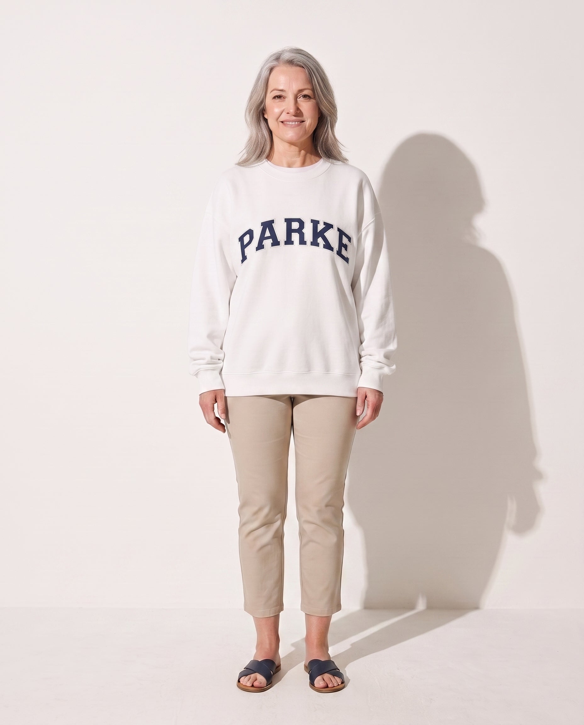 Cordelia | Women Varsity Jacket With Chenille Lettering — White with Navy Letters