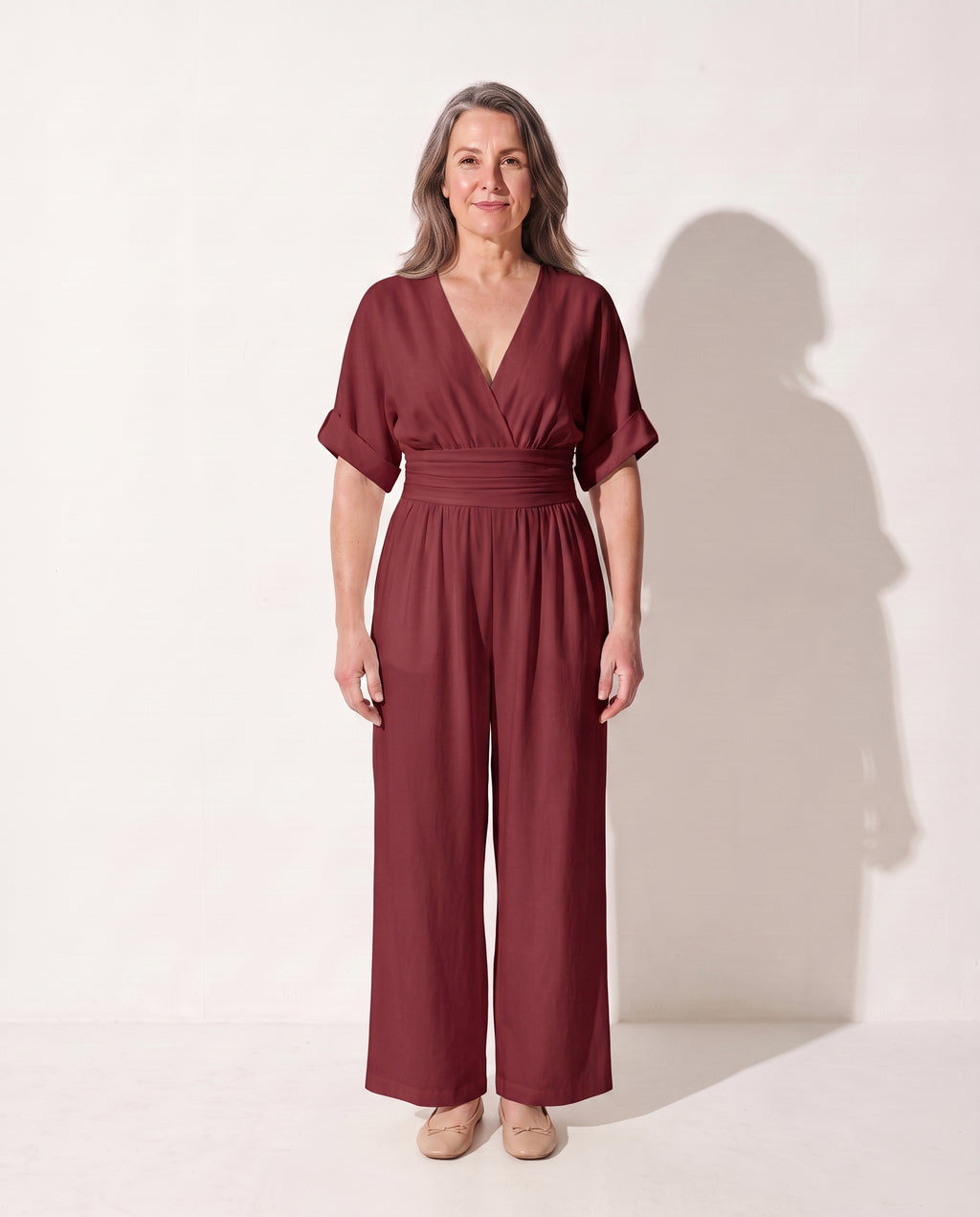 Hermione | Wide Leg Casual Jumpsuit With Cinched Waist Detail — Wine Red