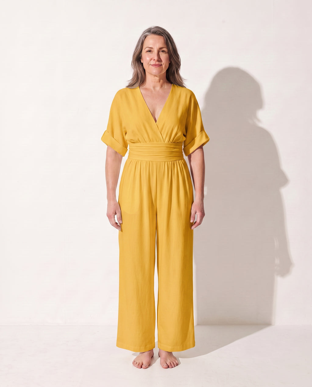 Hermione | Wide Leg Casual Jumpsuit With Cinched Waist Detail — Yellow
