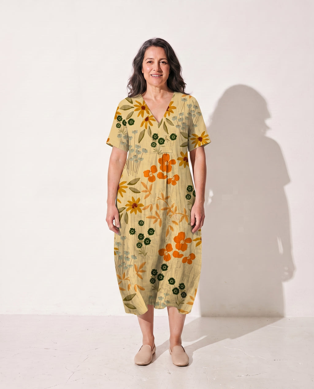 Camille | Long Sleeve Floral Midi Dress For Summer Days — Yellow