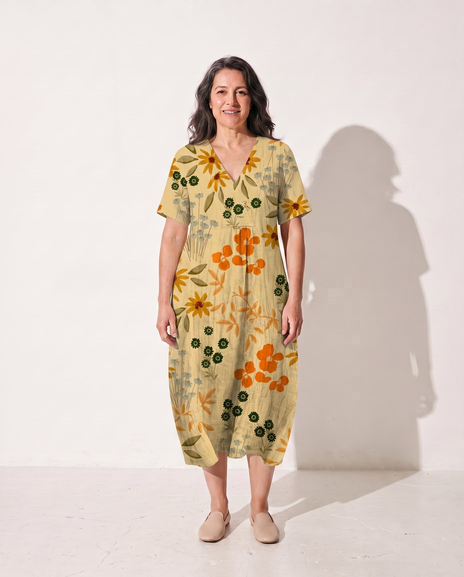Camille | Long Sleeve Floral Midi Dress For Summer Days — Yellow