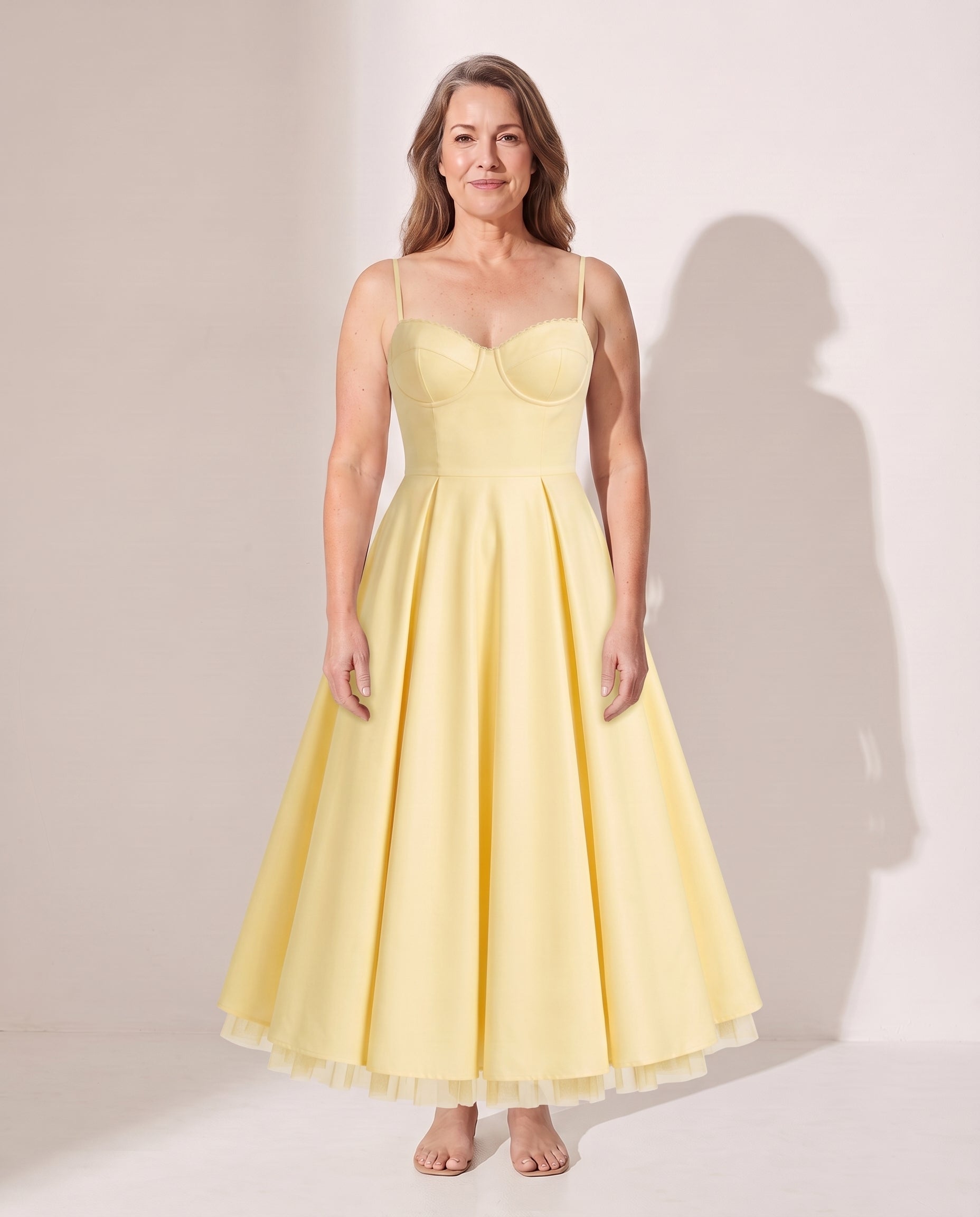 Oriane | Formal Corset Midi Dress with Full Skirt — Yellow