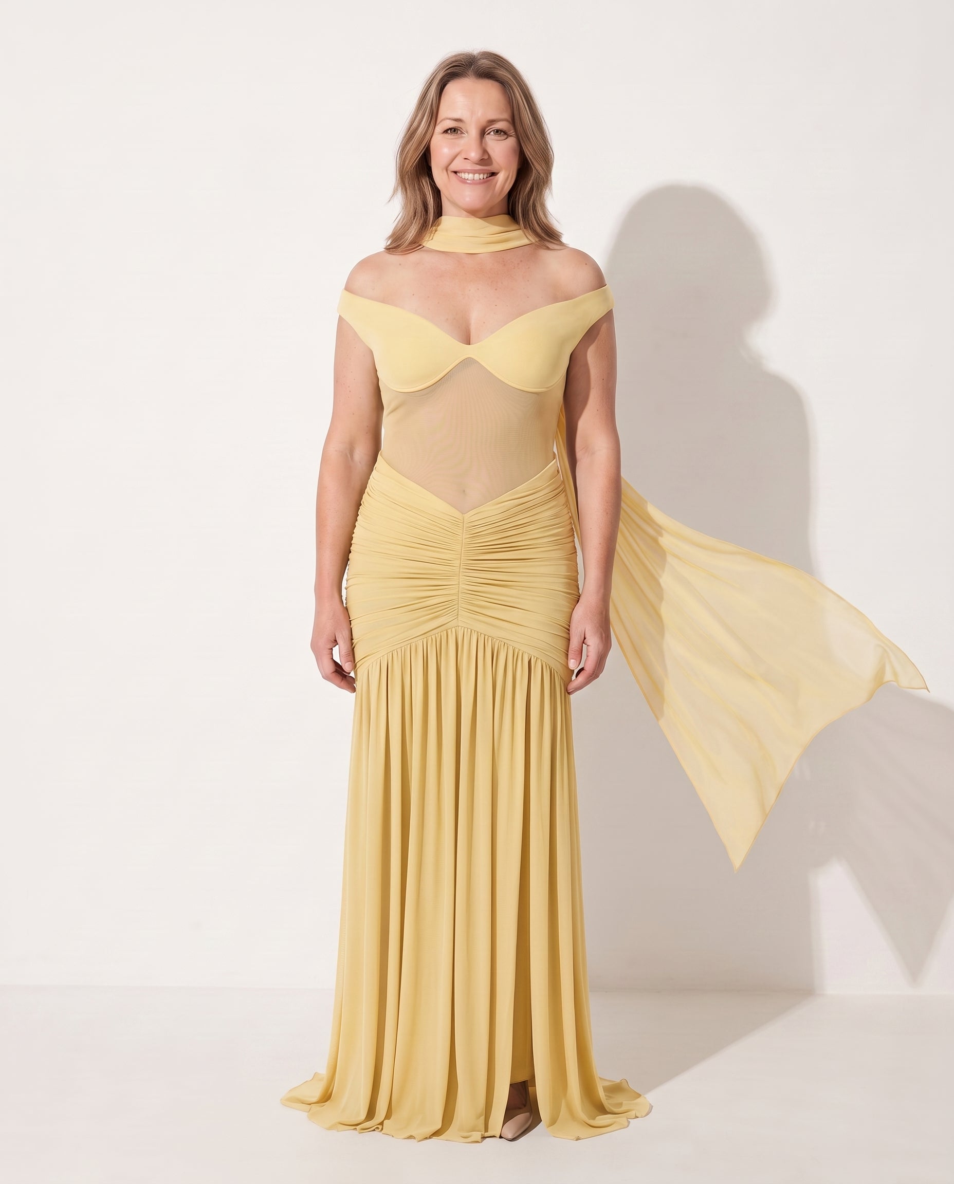 Yolanda | Evening Off Shoulder Ruched Mesh Maxi Dresses — Yellow