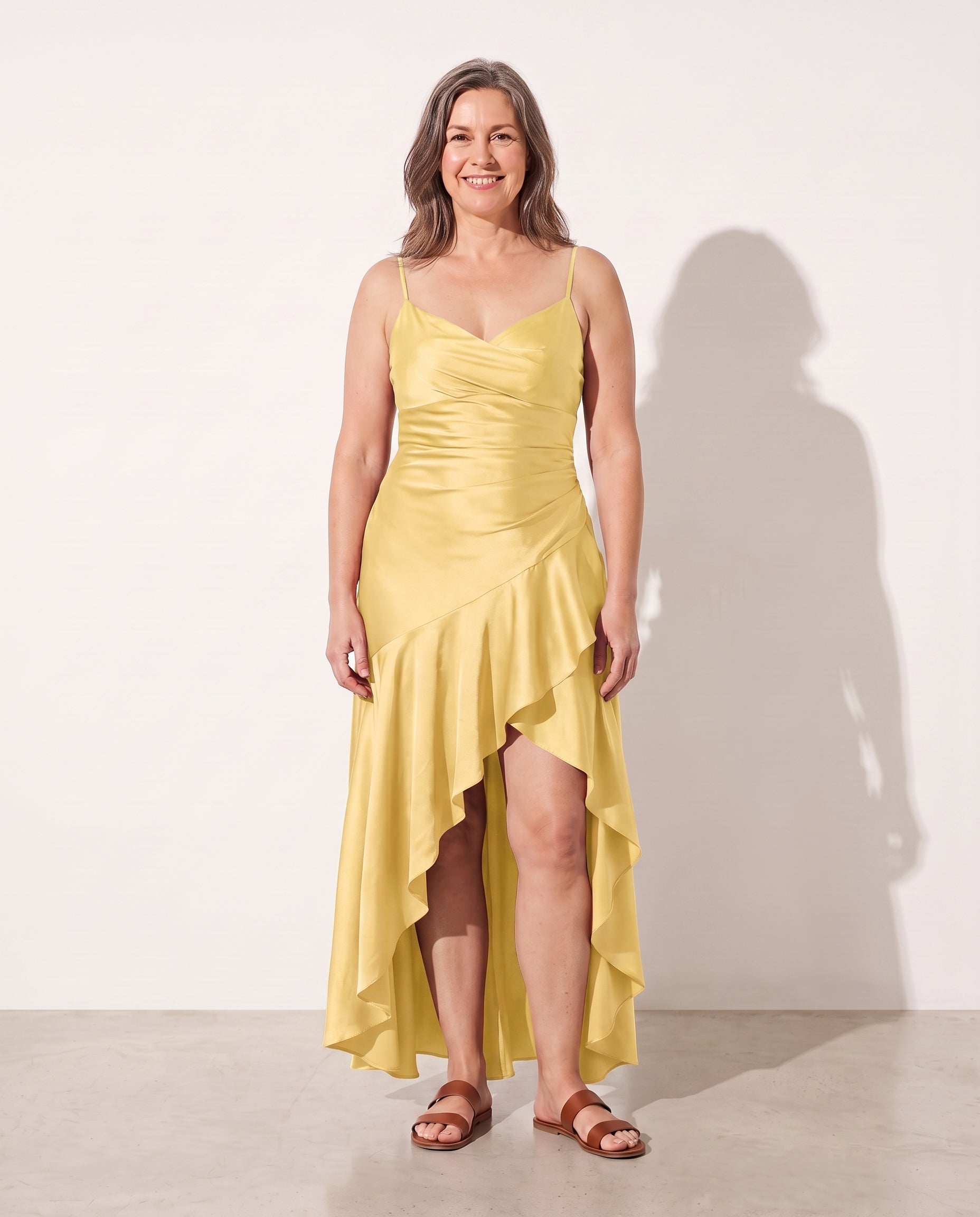 Penelope | Women Cowl Neck Satin Slip Maxi Wedding Guest Dress — Yellow