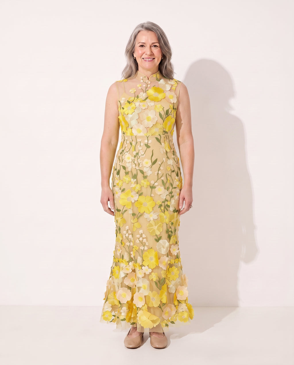 Adeline | Floral Autumn Wedding Guest Dresses Midi Appliqué — Yellow