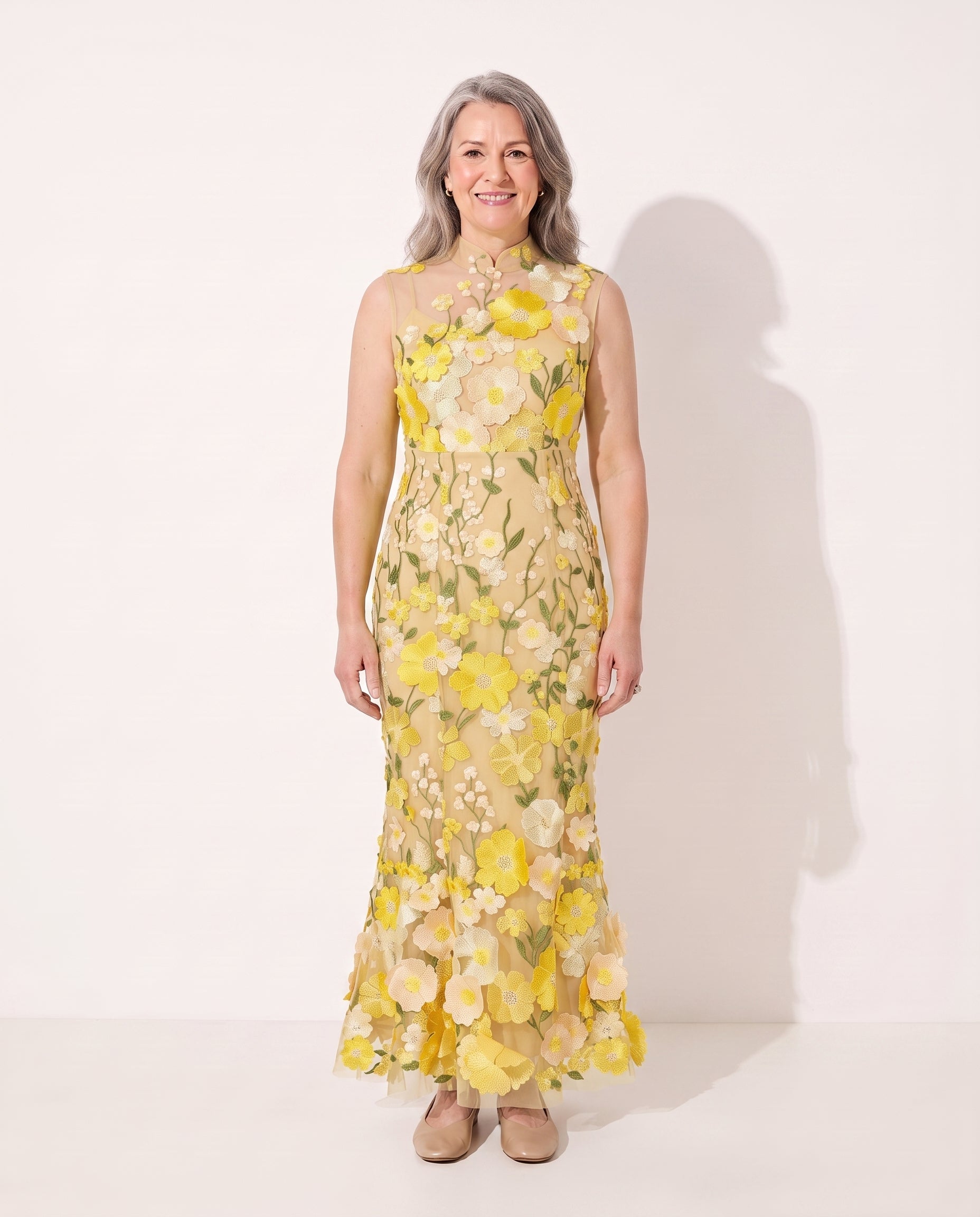Adeline | Floral Autumn Wedding Guest Dresses Midi Appliqué — Yellow