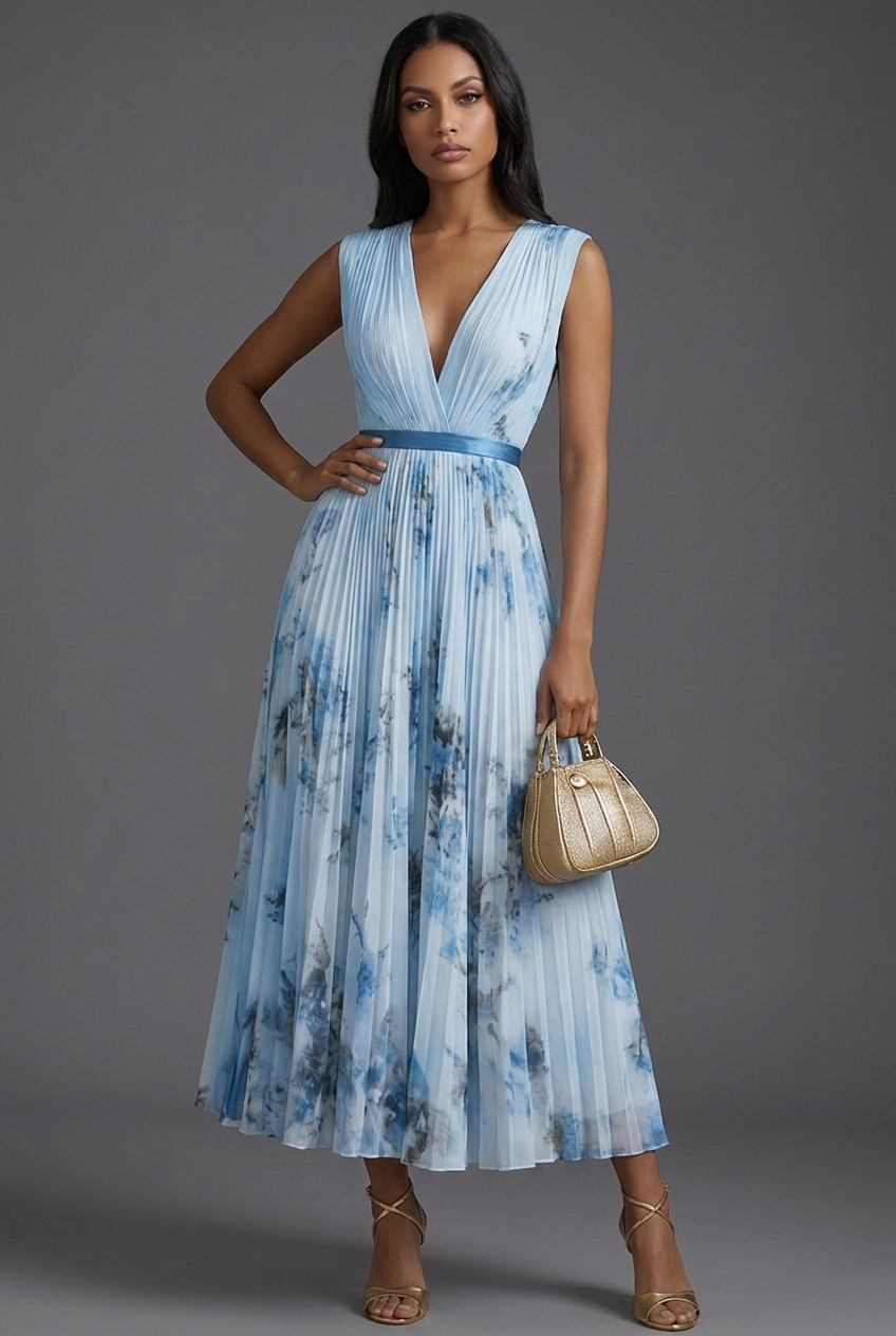 Rosaline | Floral Pleated V-Neck Midi Bridesmaid Dresses