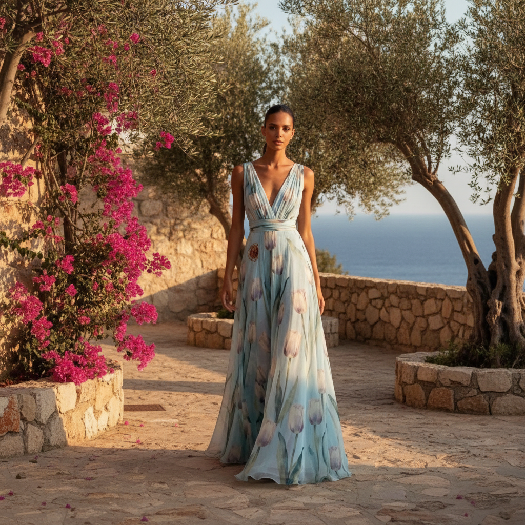 Lucienne | Tulip Print V-Neck Maxi Wedding Guest Dress