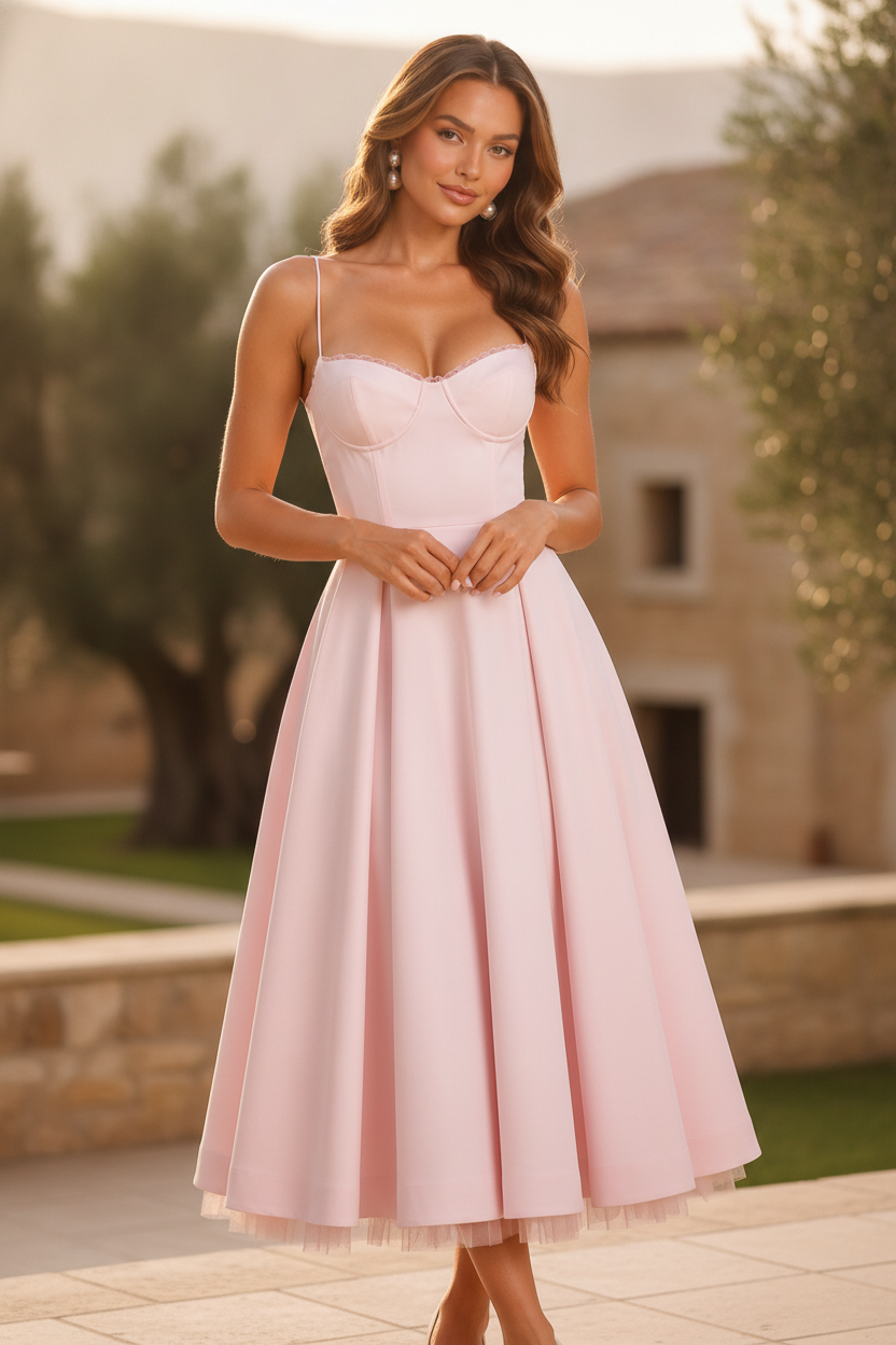 Romilly | Corset Spaghetti Strap Midi Wedding Guest Dress