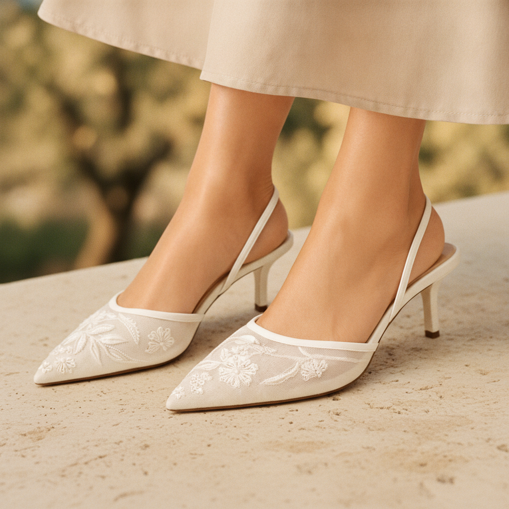 Josephine | Embroidered Mesh Mule Heels Pointed Toe Wedding Guest