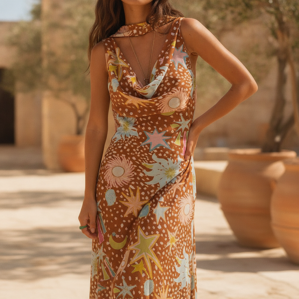Yolanda | Cowl Neck Halter House Dress Brown Fawn Print