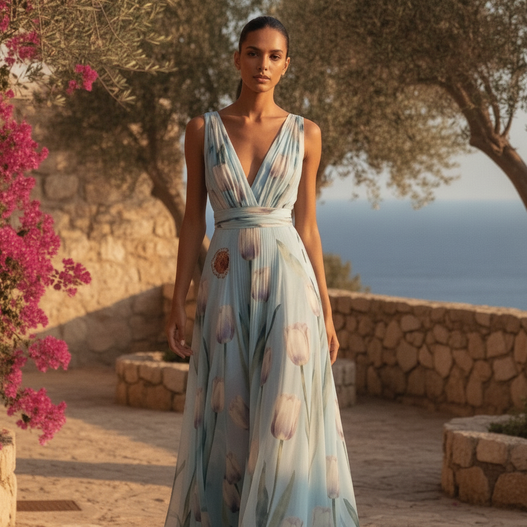 Lucienne | Tulip Print V-Neck Maxi Wedding Guest Dress